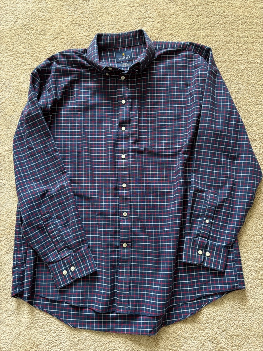 Stafford Navy Plaid Button-Down Shirt with Red and Teal Lines
